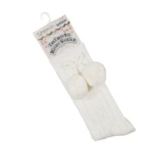 S355-C: Cream Knee Length Socks w/Pom Pom (0-24 Months)